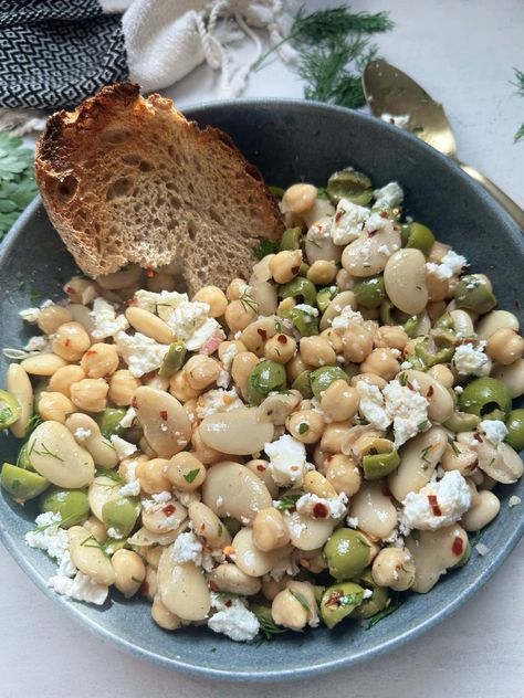 Marinated Olive & Bean Salad Marinated Bean Salad, Banana Dishes, Sammi Brondo, Bean Salads, Castelvetrano Olives, Sweet Dressing, Lunch Sides, Canned Butter, Marinated Olives