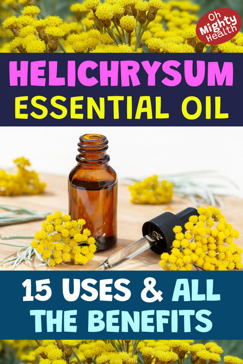 Helichrysum Essential Oil bottle and yellow flowers with text overlay "15 Uses & All The Benefits" - Natural remedy for skin health and pain relief, DIY recipes and guide to helichrysum oil benefits Diy Skin Serum, Oil Benefits For Skin, Arnica Oil, Helichrysum Essential Oil, List Of Essential Oils, Essential Oils Collection, Essential Oils Guide, Anti Aging Oils, Healing Oils