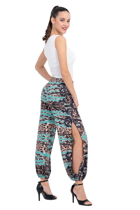 Argentine Tango pants, Petrol green mixed print pants, Babucha dance pants, Leopard print pants with slits, Latin gathered ankle cuff pants by conDiva on Etsy Tango Pants, Tango Outfit, Cuff Pants, Abstract Animal Print, Leopard Print Pants, Argentine Tango, Dance Pants, Dance Tops, Jersey Pants