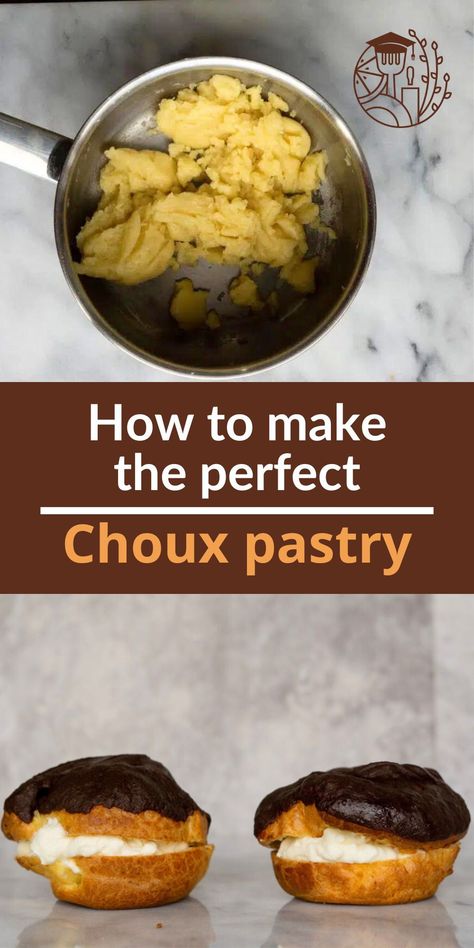 You can find choux pastry in all shapes and sizes. Small round choux buns, to make profiteroles, or large ones to make Bosche bollen. Eclairs are made using a long, narrow version. You can use a lot of small buns to make a croquembouche. Keep in mind, there is a limit to the size of your choux pastry. To make choux pastry you first have to cook the pastry, before baking it in the oven. This two-step process is crucial for creating those large air pockets. Baking tips and hacks. Shu Pastry Recipe, Shoe Buns Pastry, Patashue Pastry, Pata Choux Recipe, Choix Pastry, Canadian Baking Show Recipes, Patachou Pastry, Pate A Choux Recipe, Pastry Techniques