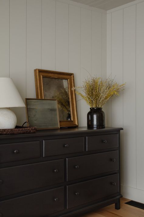 How We Installed Vertical Planks On Our Bedroom Walls (& The Difference Between Shiplap, Tongue & Groove, & Nickel Gap) - Nadine Stay Above Dresser Mirror, Shiplap Bedroom, Planked Walls, Nickel Gap, Nadine Stay, Dresser Inspiration, Beige Wall Colors, Tongue And Groove Walls, Cherry Furniture