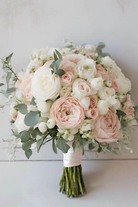 Blush Wedding Dress Bouquet, Cream And Blush Bouquet, Wedding Colors Sage And Blush, Wedding Flower Arrangements Champagne, White Blush Wedding Bouquet, Blush Pink And White Bouquet Wedding, Sage Green Blush Pink Ivory Wedding, Blush Pink Winter Wedding, Light Pink And White Wedding Bouquet