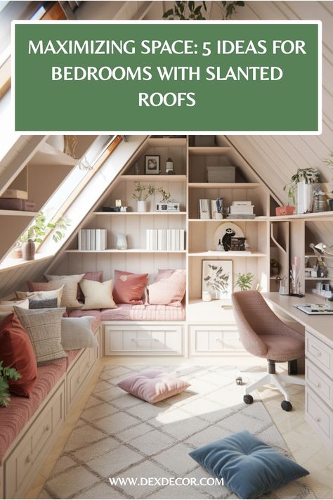 Cozy attic bedroom with slanted roof, featuring a built-in daybed, desk, and shelves. Slanted Roof Bedroom Ideas, Slanted Ceiling Ideas, Slanted Roof Bedroom, Bedroom Slanted Ceiling, Cozy Attic Bedroom, Slanted Roof, Attic Bed, Ideas For Bedrooms, Cozy Attic