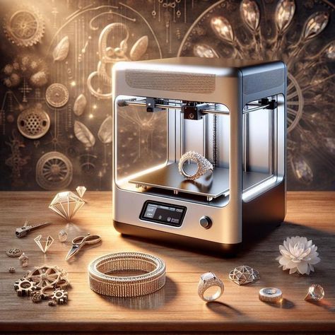 3D printer creating intricate jewelry on a wooden surface, surrounded by various finished pieces. 3d Printer Jewelry, Make 3d Printer, Touch Screen Interface, Best 3d Printer, Budget Beauty, 3d Printed Jewelry, 3d Printer Designs, Online Tutorials, Printed Jewelry