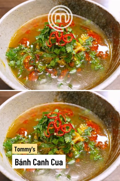 Recreate this Banh Canh Cua (Vietnamese crab noodle soup) on your next chilly night in Banh Canh, Masterchef Recipes, Dried Scallops, Pork Broth, Potato Ricer, Dried Shrimp, Lime Wedge, Vietnamese Recipes, Celebrity Chefs