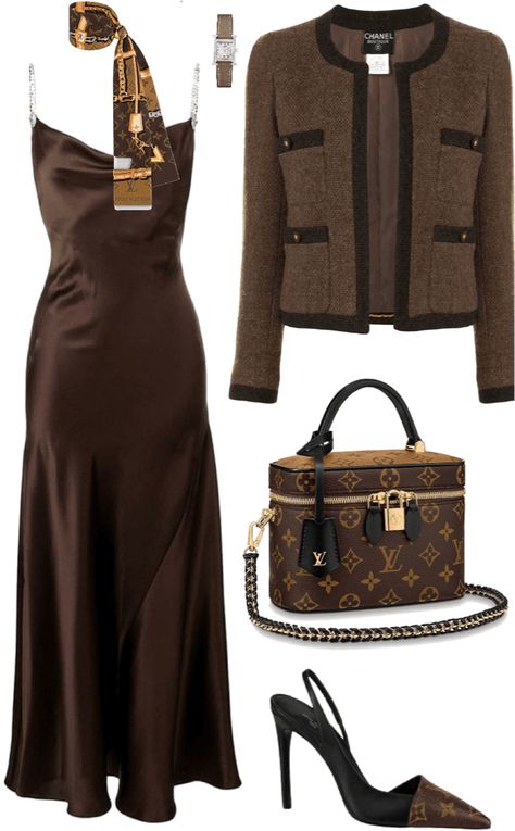 Chic Brown Outfit, Brown Elegant Outfit, Outfit Ideas Elegant Chic, Brown Dress Outfit Formal, Dark Brown Dress Outfit, Brown Dress Outfit Ideas, Brown Elegant Dress, Dark Brown Outfit, Silk Dress Outfit Classy