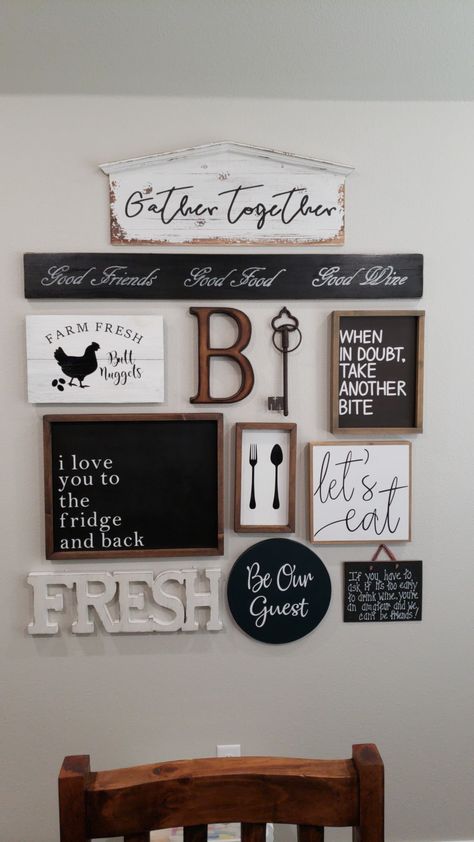 Kitchen Ideas Black And White Decor, Big Kitchen Wall Decor Ideas Farmhouse, Kitchen Decorating Ideas Wall Art, Farmhouse Kitchen Wall Collage, Kitchen Wall Collage Ideas Farmhouse, Dining Room Wall Gallery Ideas, Dining Room Collage Wall Ideas, Ding Room Wall Decor, Dining Room Wall Signs