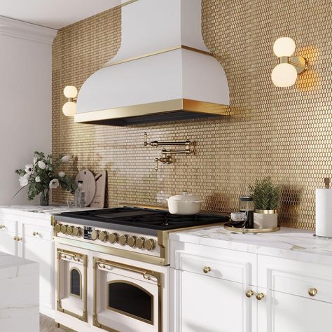 Illumine Gold Foil Picket Glass Mosaic Tile | Tile Club Gold Backsplash, Gold Tiles, Mosaic Tile Kitchen, Decorative Backsplash, Mosaic Tile Sheets, Room Accent Wall, Gold Tile, Brass Inlay, Gold Fixtures