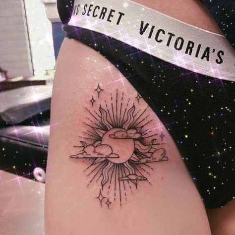 Cloud Sun And Moon Tattoo, Traditional Sun And Clouds Tattoo, Cloud Hip Tattoo, Moon And Rain Tattoo, Hip Sun Tattoo, Star And Cloud Tattoo, Sun And Moon Hip Tattoo, Sun Clouds Tattoo, Sun Thigh Tattoo