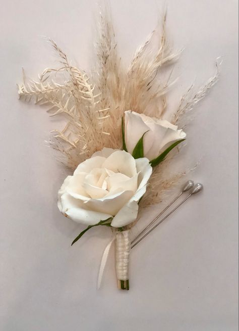 Pampas Grass White Roses Centerpiece, Pampas Grass Corsage, Pampas And Roses, Pampas Grass Boutonniere, Roses Boutonniere, Calla Lily Boutonniere, Fall Wedding Bridesmaids, Corsage And Boutonniere Set, White Rose Bouquet