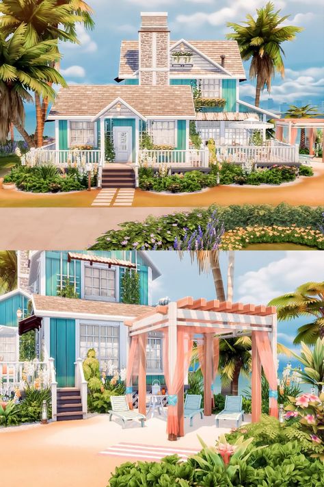 Sims 4 Sulani House Plan, Sulani Homes Sims 4, Summer Beach Cottage, Sims 4 Beach House, Simple Beach House, Cute Beach House, Sims 4 Modern House, Bloxburg Beach House, Tiny House Family