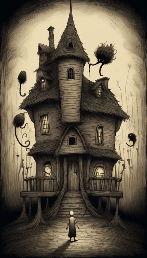 they leave their houses Scary House Drawing, Spooky House Drawing, Spooky Landscape, Fun Things To Draw, John Kenn, Scary Houses, Tree Lined Driveway, Fairytale House, Spooky Art