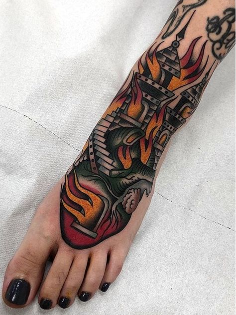 Burning Castle Tattoo, Burning Castle, Castle Tattoo, Castle Building, Classic Tattoo, New School Tattoo, Building Architecture, Book Tattoo, Anatomical Heart