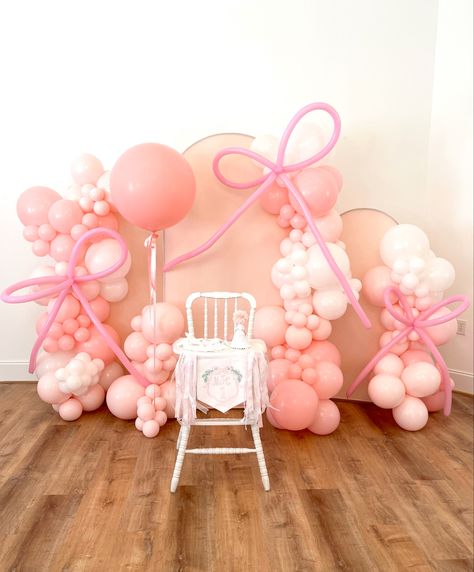 Pink Themed First Birthday Party, All Pink First Birthday Party, Light Pink And White Balloon Arch, Pretty In Pink First Birthday Party, 1st Birthday Pink Theme, Love Shack Fancy Balloon Garland, Pink Bow Decorations Party Ideas, First Birthday Ballerina Theme, Pink White Birthday Theme