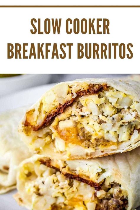 These super tasty Slow Cooker Breakfast Burritos are so easy to make! Hash browns, eggs, and sausage cook without fuss in the slow cooker to make this breakfast a snap. Spoon the burrito filling out onto flour tortillas and roll for simple prep. This is a fantastic make ahead option for busy mornings, and the burritos can also be frozen and reheated! #slowcookerbreakfastburritos #breakfastburritos #breakfastburritosrecipe #makeaheadbreakfastburritos #dizzybusyandhungry Breakfast Burritos To Freeze, Tent Camping Meals, Burritos To Freeze, Easy Slow Cooker Breakfast, Overnight Crockpot Breakfast, Scrambled Eggs Bacon, Make Ahead Breakfast Burritos, Breakfast Crockpot, Recipe Crockpot