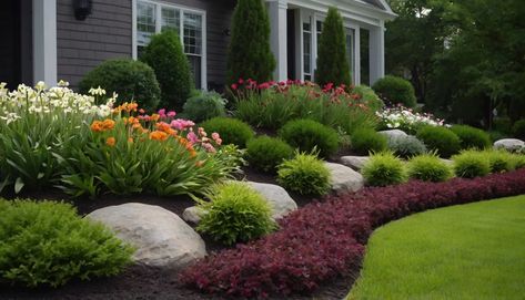 Rocks In Garden, Front Yard Flower Garden, Yard Flower Bed Ideas, Front Yard Flower Bed Ideas, Front Yard Flower Bed, Rock Flower Beds, Waterfall Landscaping, Curb Appeal Landscape, Raised Bed Garden Design