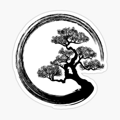 Zen Circle Stickers | Redbubble Bonsai Tattoo, Circle Tattoo Design, Bonsai Tree Tattoos, Zen Tattoo, Enso Circle, Zen Circle, Tree Sticker, Circle Tattoo, Tree Tattoo Designs