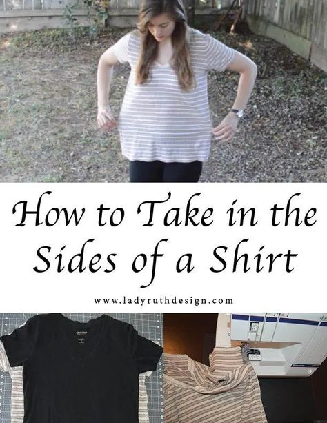 Taking In Clothes Hacks, Taking In A Shirt, How To Make A Shirt Smaller Diy, Take In Tshirt, How To Sew A Shirt Smaller, Tailoring Tshirts, Making A Big Shirt Smaller Diy, How To Fix A Shirt That Is Too Wide, How To Take In The Sides Of A Shirt