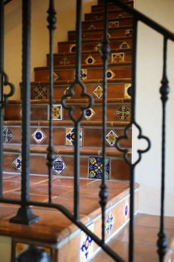 stairs with tile Mediterranean Staircase, Terracotta Kitchen, Wrought Iron Railings, Wrought Iron Stair Railing, Wrought Iron Staircase, Saltillo Tile, Painting Tile Floors, Iron Railings, Iron Staircase