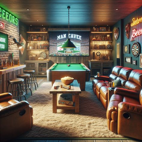 Step into the ultimate man cave, complete with comfy leather recliners, a big screen TV, a fully-stocked bar, and sports memorabilia. Challenge your friends to a game on the green-felt pool table, aim for a bulls-eye on the dart board, and snack on fresh popcorn. #ManCave #SportsBar #GameRoom #HomeBar #EntertainmentRoom #SportsMemorabilia Sports Basement Ideas, Sports Room Man Cave, Garage Bars, Country Man Cave, Fresh Popcorn, Barn Plan, Barn Loft, Ultimate Man Cave, Man Cave Room