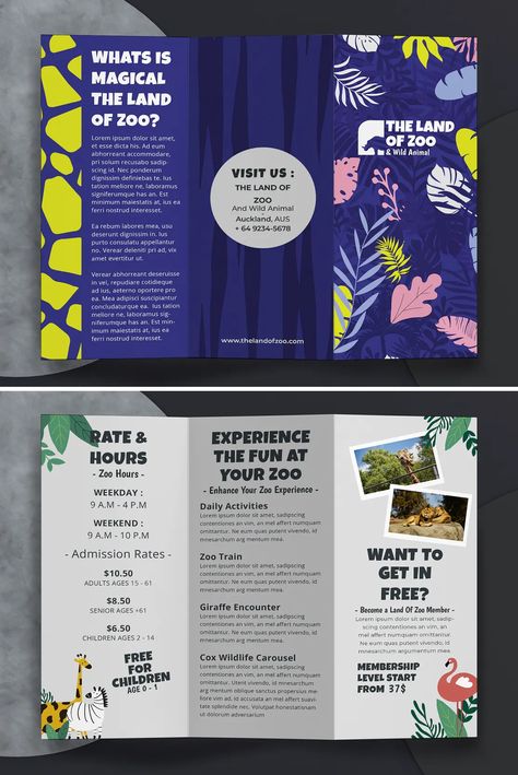 The Land of Zoo Tri Fold Brochure Template InDesign Zoo Flyer Design, Zoo Brochure Design, Zoo Flyer, Brochure Design Creative Graphics, Pamphlet Layout, Animal Brochure, Zoo Brochure, Beauty Brochures, Zoo Signage