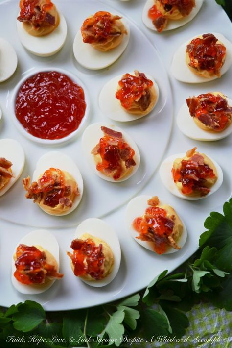 Southern Red Pepper Jelly Deviled Eggs | Faith, Hope, Love, and Luck Survive Despite a Whiskered Accomplice Red Pepper Jelly, Classic Appetizers, Holiday Appetizer, Bacon Jam, Pepper Jelly, Crumbled Bacon, Holiday Appetizers, Deviled Eggs, Faith Hope Love