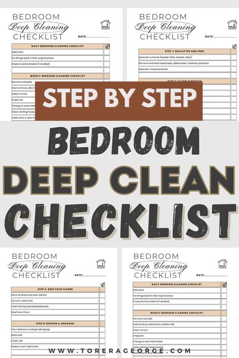 Who knew cleaning your bedroom could be SO EASY? This deep cleaning bedroom checklist is a game-changer! Bedroom Deep Clean Checklist, Deep Cleaning Room Checklist, Deep Clean Your Room, Deep Cleaning Bedroom Checklist, Step Bedroom, Bedroom Deep Clean, Cleaning Bedroom Checklist, Deep Cleaning Bedroom, Deep Clean Checklist