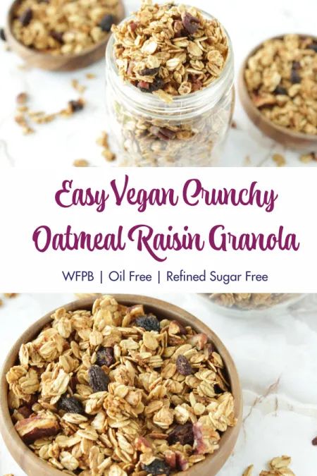 It’s so easy to make your own homemade granola that’s vegan, oil free, and refined sugar free for a healthy cereal or snack. This recipe is a great crunchy Oatmeal Raisin flavor using pure maple syrup for natural light sweetness. It’s gluten free and whole food plant based and quick & simple with only 5 ingredients. #veganrecipes #granola #WFPB #plantbased #oatmealraisin #refinedsugarfree #oilfree #homemadegranola Wfpb Granola, Wfpb Breakfast, Raisin Granola, Crunchy Oatmeal, Vegan Granola Recipe, Vegan Oil Free, Vegan Granola, Vegan Oatmeal, Healthy Cereal