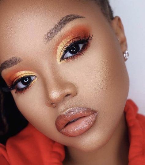 Lungile Thabethe, Orange Eyeshadow Looks, Sunset Eyeshadow, Orange Eye Makeup, Maquillage Yeux Cut Crease, Goddess Makeup, Dewy Makeup Look, Gold Makeup Looks, Orange Eyeshadow