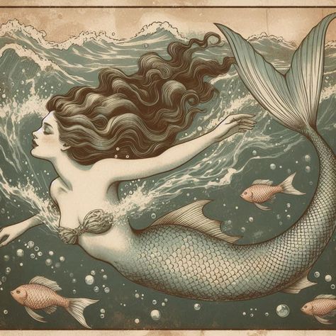 Vintage Mermaid Drawing, Mermaid Mythology Art, Mermaid Art Vintage, Art Deco Mermaid, Mermaid Mythology, Mermaid Drawing, Mermaid Drawings, Mermaids And Mermen, Vintage Mermaid