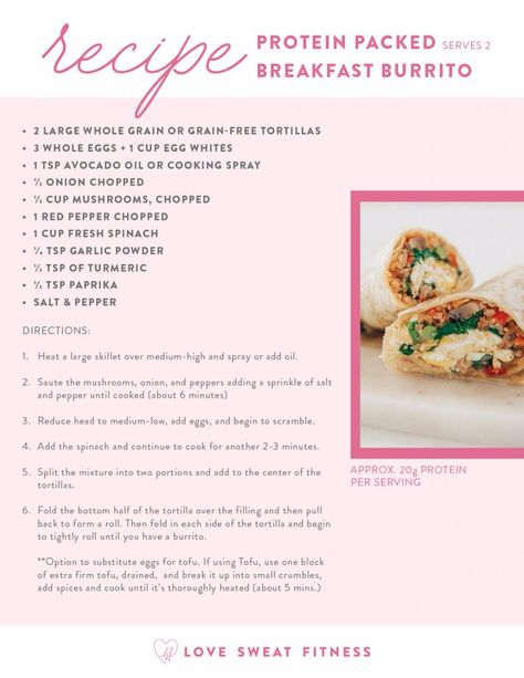 Booty Builder Breakfast Burrito - Love Sweat Fitness Love Sweat Fitness, Workout Meal Plan, Breakfast Burrito, Summer Recipes Dinner, Health Nut, Food Drinks Dessert, Breakfast Burritos, Low Calorie Recipes, Healthy Snacks Recipes