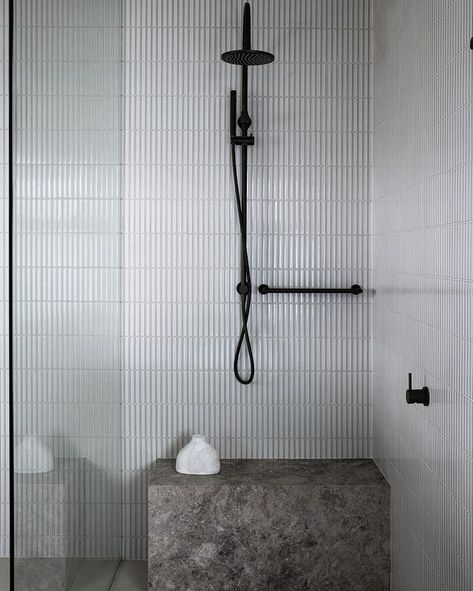 Showers With Benches, Family Home Interior Design, Walk In Shower With Bench, Family Home Interior, Shower With Bench, Interior Design Package, Glass Shower Wall, Subway Tile Showers, Walk In Showers