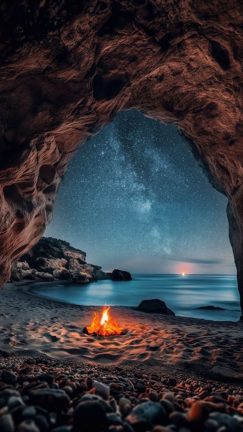 Cave Background, Cave Wallpaper, Purple Galaxy Wallpaper, Magical Sky, Beach Fire, Fantasy Wall Art, Pretty Landscapes, Ocean Wallpaper, Beautiful Night