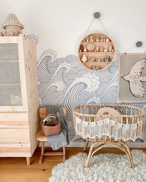 Nursery Wallpaper Boy, Kindergarten Wallpaper, Nursery Trends, Nursery Style, Nursery Room Design, Baby Room Inspiration, Nursery Room Inspiration, Blue Nursery, Kids Interior