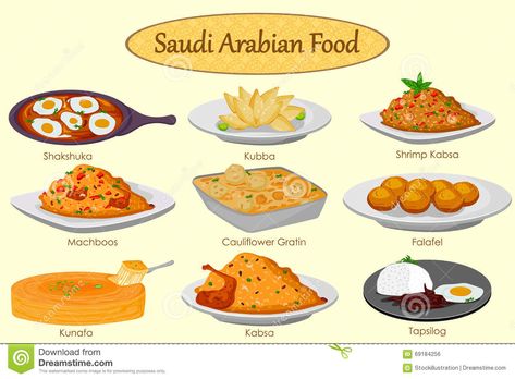 Collection Of Delicious Saudi Arabian Food Stock Vector - Illustration of kuwait, machboos: 69184256 Saudi Arabian Food, Arabisk Mad, Arabian Food, Culinary Cooking, Food Infographic, Foreign Food, Spiralizer Recipes, 13 Reasons, Idee Pasto Sano