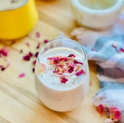 Vegan Rose Lassi Rose Lassi, Almond Yogurt, Lassi Recipes, Califia Farms, Expressions Of Love, Rose Flavored, Celebrity Chef, Dried Rose Petals, God Can