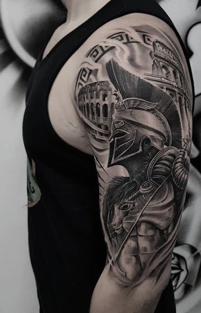 Ares Tattoo, Strength Art, Shoulder Armor Tattoo, Roman Tattoo, Gladiator Tattoo, Soldier Tattoo, Zeus Tattoo, Spartan Tattoo, Lion Tattoo Sleeves