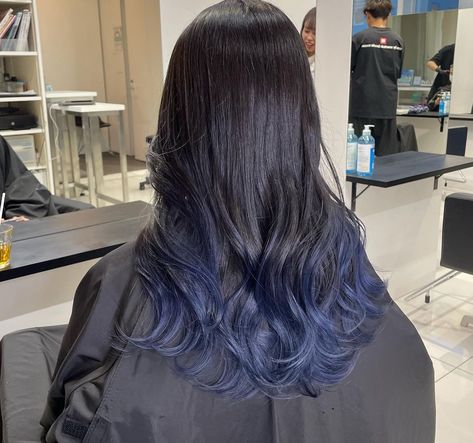 Black To Dark Blue Ombre Hair, Blue Ends On Black Hair, Black Hair With Blue Ends, Blue Hair Ombre Brown, Dark Blue Underneath Hair, Colored Ends Hair, Dark Blue Highlights In Black Hair, Black Hair With Blue Tips, Blue Ends Hair