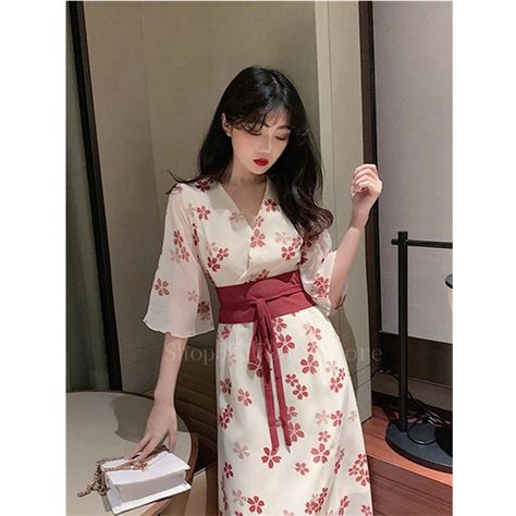 Japanese Style Dress, Japan Party, Island Outfit, Hanfu Dress, Chinese Dress, Floral Chiffon, Wide Sleeves, Tie Dress, Beach Wear