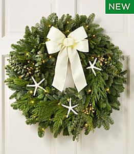 Fresh Wreaths and Greenery | Home Goods at L.L.Bean Christmas Music Ornaments, Coastal Christmas Stockings, Coastal Christmas Wreath, Beach Christmas Cards, Coastal Wreaths, Blue Christmas Tree Decorations, Beach Christmas Trees, Beach Christmas Ornaments, Coastal Wreath