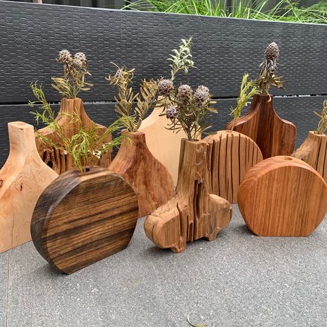 Dry vases made high-end hardwood:  - 1x European Sycamore - 1x Ovangkol - 1x Camphor Laurel - 1x Papua New Guinea Rosewood - 1x American Rock Maple - 1x Tasmanian Sassafras Large - 1x Tasmanian Sassafras Bubble - 1x Yaka SOLD OUT - 1x Tasmanian Sassafras Triangle SOLD OUT - 1x Tasmanian Sassafras Circle SOLD OUT These vases with the specific timber listed are limited, and I cannot guarantee they will be made again. However, if you would like a similar product with different timber, contact me on my Instagram: @Watson_Woodcraft. My timber stocks are limited and always changing, so whatever piece I make will be bespoke and unique. Handmade by Watson Woodcraft in Ngunnawal Country, Canberra, Australia. Accessories not included. Wooden Vase Decor, Wood Shelf Diy, Scrap Wood Ideas, Easy Small Wood Projects, Wood Sculpture Art, Barn Wood Crafts, Rustic Vase, Wood Projects That Sell, Small Woodworking Projects