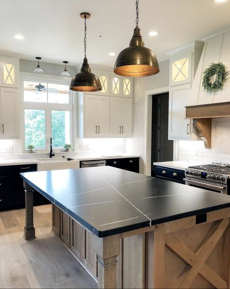 15 Beautiful Black Quartz Countertops Design Ideas - Nikki's Plate Natural Wood Island With Black Countertop, Wood Island With Black Countertop, Black Countertops Natural Wood Cabinets, Wood Cabinets With Black Countertops, Black Island Wood Cabinets, Black White Natural Wood Interior Design, Wood Cabinets Black Countertops, White Black And Wood Kitchen, Black And Natural Wood Kitchen