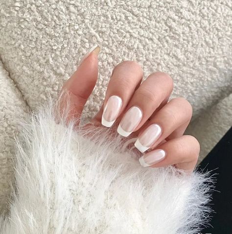 Chrome Effect Milky White and White French Medium Length - Etsy Canada White Chrome French Tip Nails Coffin, Milky White Chrome Nails Square, Ballerina Nails Medium Length, Milky White French Nails, Milky White Chrome Nails, White Almond Nails, Grad Nails, White Chrome Nails, White French Nails