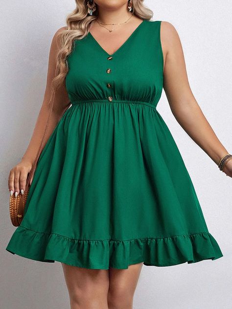 SHEIN VCAY Plus Button Detail Ruffle Hem Dress | SHEIN USA Chiffon Short Gown Styles, Chiffon Gown Styles, Dress For Chubby Ladies, Casual Gowns, Chiffon Shirt Dress, Classy Short Dresses, Casual Dresses Plus Size, Lace Dress Design, African Dresses For Kids