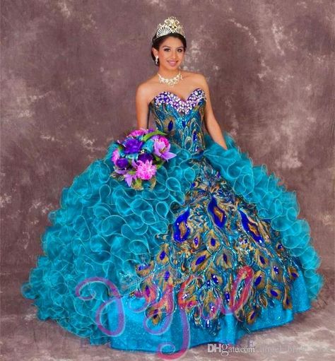 Cute Quinceanera Dresses, Peacock Wedding Colors, Turquoise Quinceanera Dresses, Quinceanera Dresses Blush, Dresses With Beads, Gown Embroidery, Cheap Quinceanera Dresses, Mexican Quinceanera Dresses, Sweet 15 Dresses