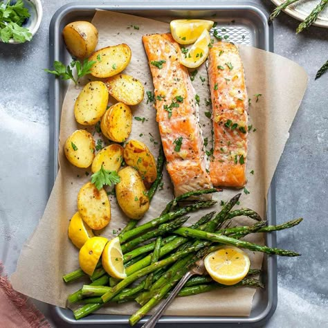 This one-pan salmon and potatoes recipe makes a healthy and satisfying weeknight dinner. Find out how to make this easy and delicious sheet-pan meal. Salmon Potatoes, Trinidad Food, Whole30 Recipe, Potatoes And Asparagus, Potatoes Asparagus, Spring Produce, Salmon Potato, Parmesan Zucchini, Dash Diet