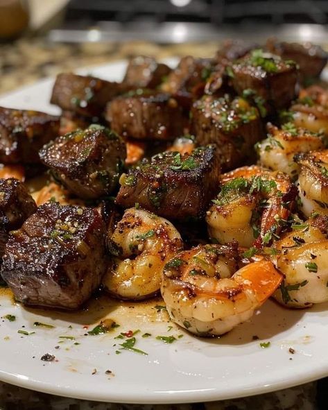 Steak Bites And Shrimp Recipes, Steak Bites And Shrimp, Steak Bits, Harvest Meals, Steak Shrimp, Shrimp Kabobs, Garlic Steak, Zesty Sauce, Steak And Shrimp