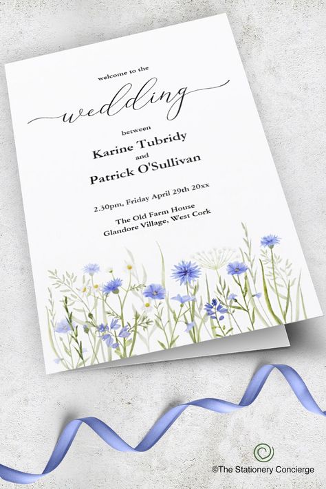 Blue wildflower wedding ceremony program for you to customise Cornflower Wedding, Cornflower Blue Wedding, Wildflower Drawing, Blue Wildflowers, Blue Floral Wedding, Wedding Printable, Blue Themed Wedding, Simple Invitation, Micro Wedding