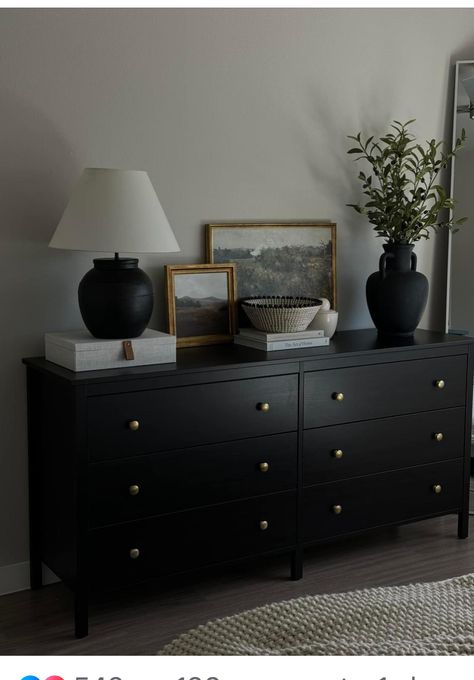 Black Dresser Decor Bedroom, Dresser Decor Bedroom Ideas, Black Dresser Decor, Dresser Decor Bedroom, Beige Bedroom Decor, Bedroom Ideas For Small Rooms Cozy, Black Dresser, Gold Knobs, Console Table Decorating