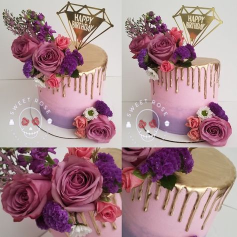 Pink purple gold drip cake Pink Purple And Gold Birthday Cake, Pink Purple And Gold Birthday Party, 50th Birthday Cake For Women Purple, Pink And Purple Birthday Cake For Women, 33rd Birthday Cake For Women, 34th Birthday Cake For Women, Pink And Purple Drip Cake, 33 Birthday Cake For Women, 34 Birthday Cake For Women